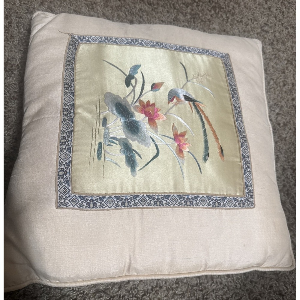 Vintage Silk Embroidered Bird Floral Asian  Decorative Pillow 15" Square Gold‎